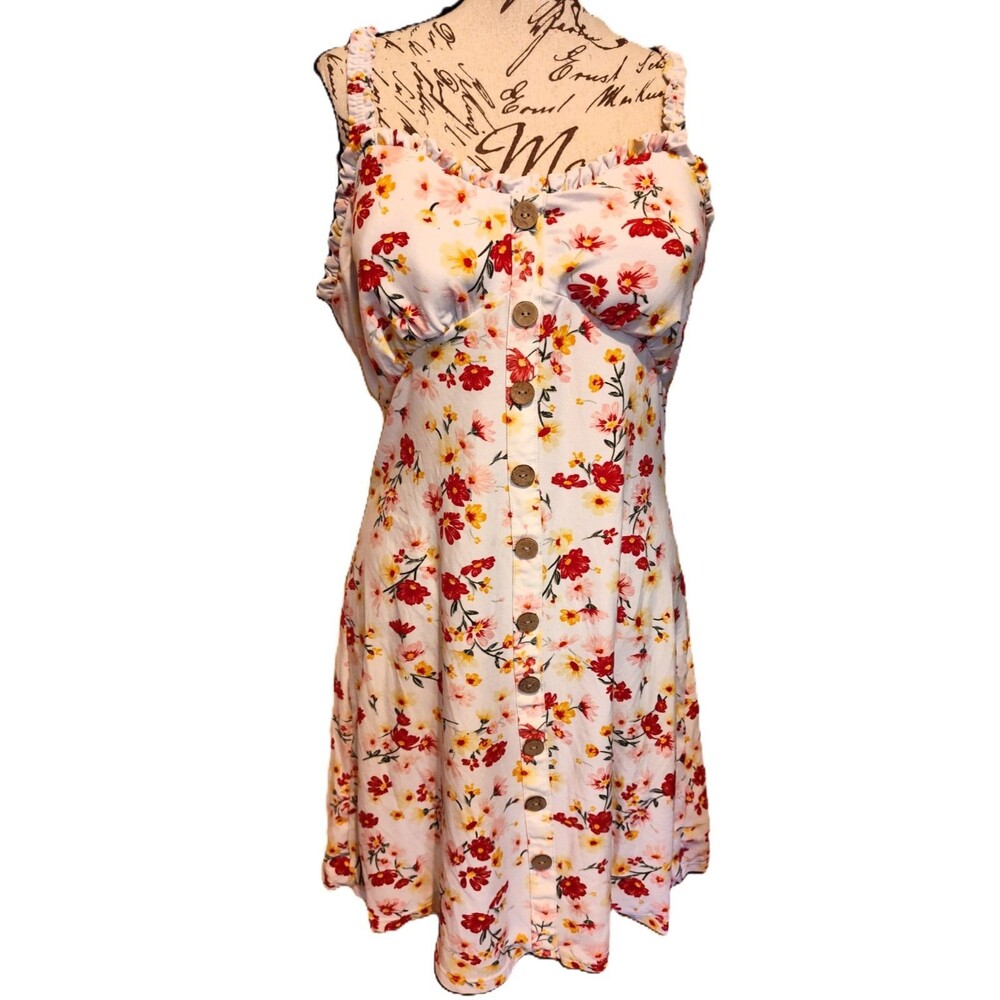 Sexy Soft White Cotton Stretch Sundress w Padded bra Ruffle Trim Adjustable Sz L